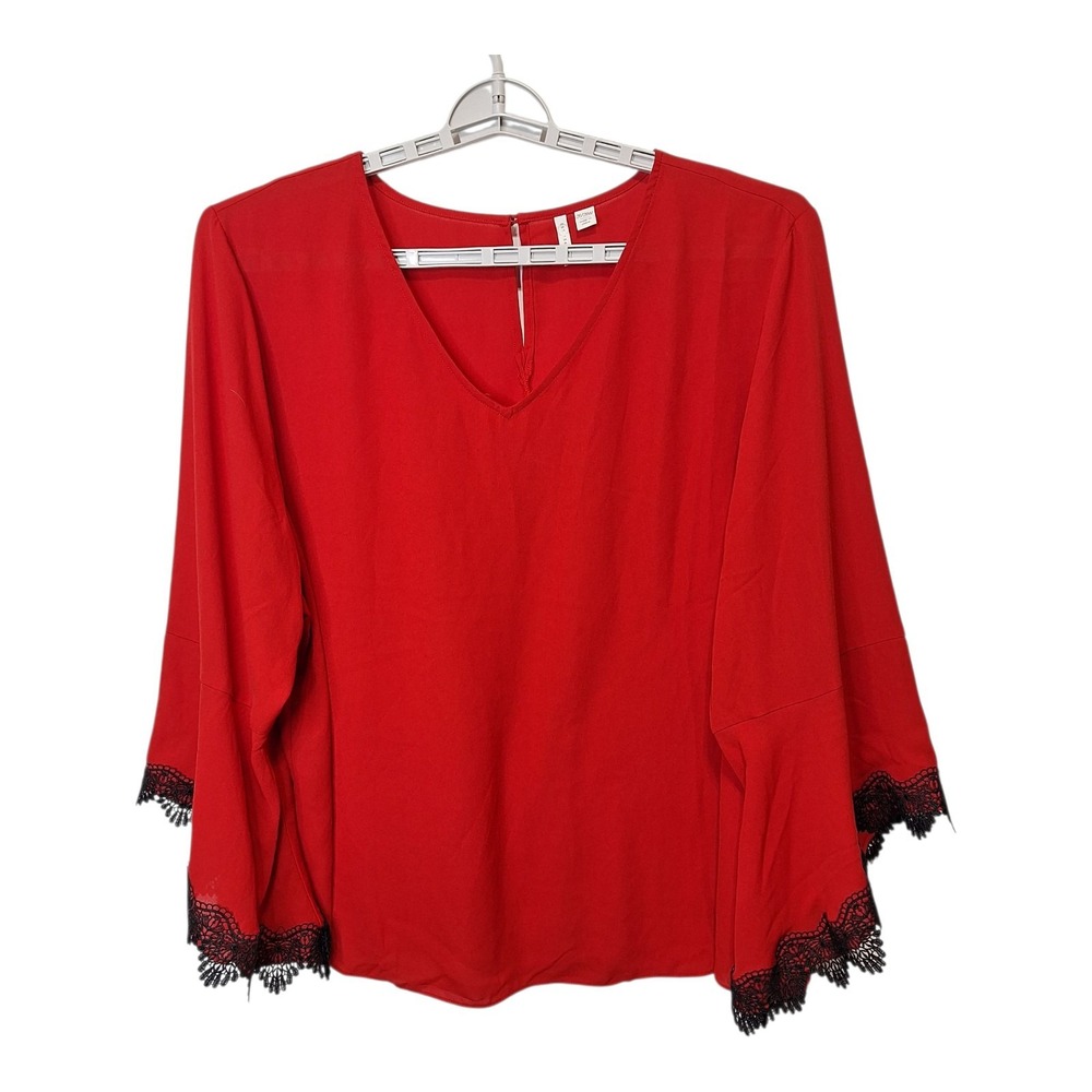 Cato‎ Womens Pullover Semi Sheer Top 26/28W V Neck 3/4 Bell Sleeves Crochet Lace
